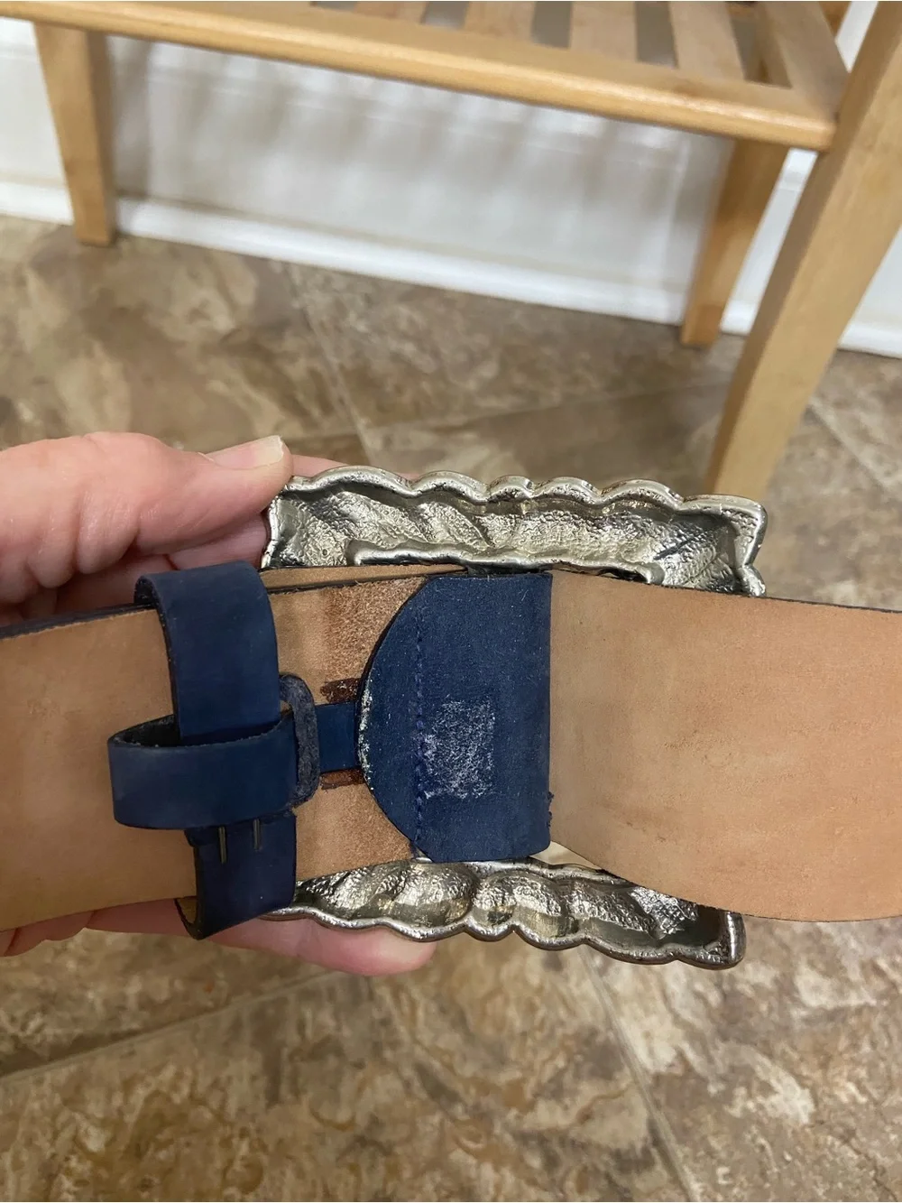 Vintage Harken Ltd Navy Blue Genuine Leather Belt Large Oversized Silver Buckle